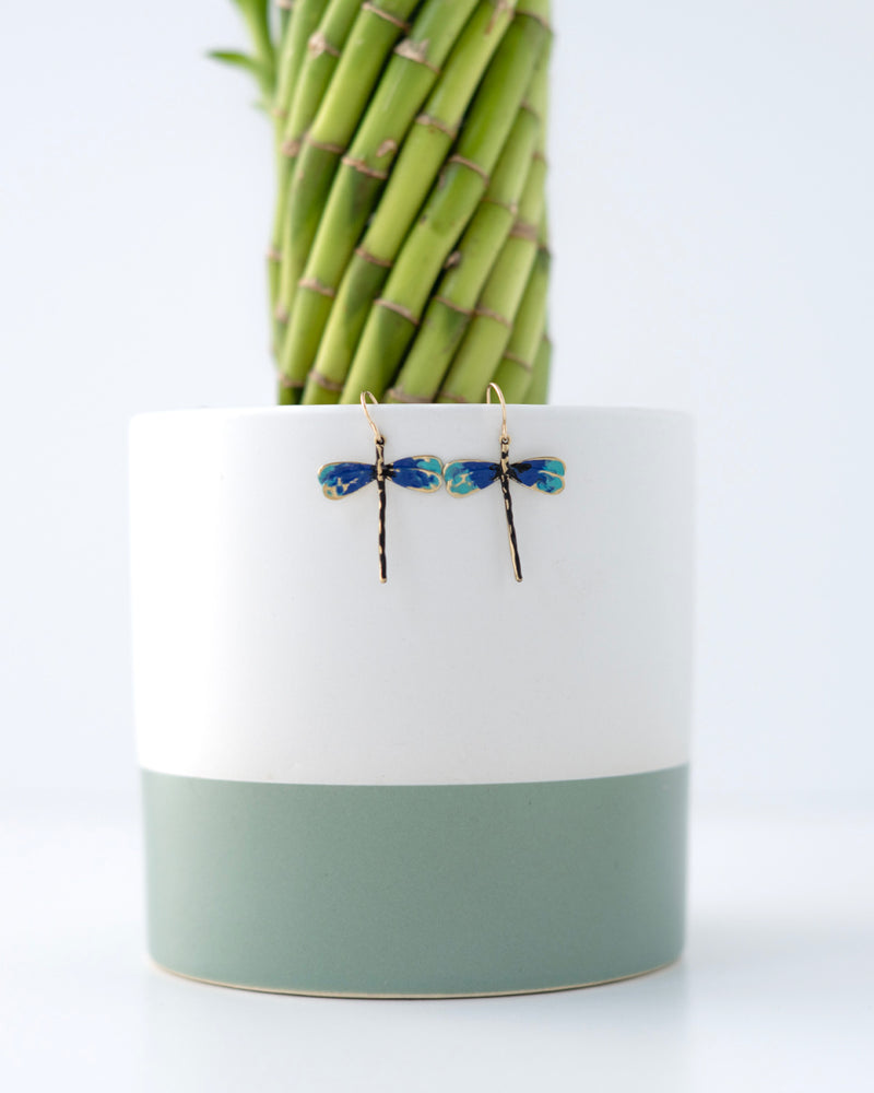 Hand patinaed brass dragonflies in shades of black and blues
