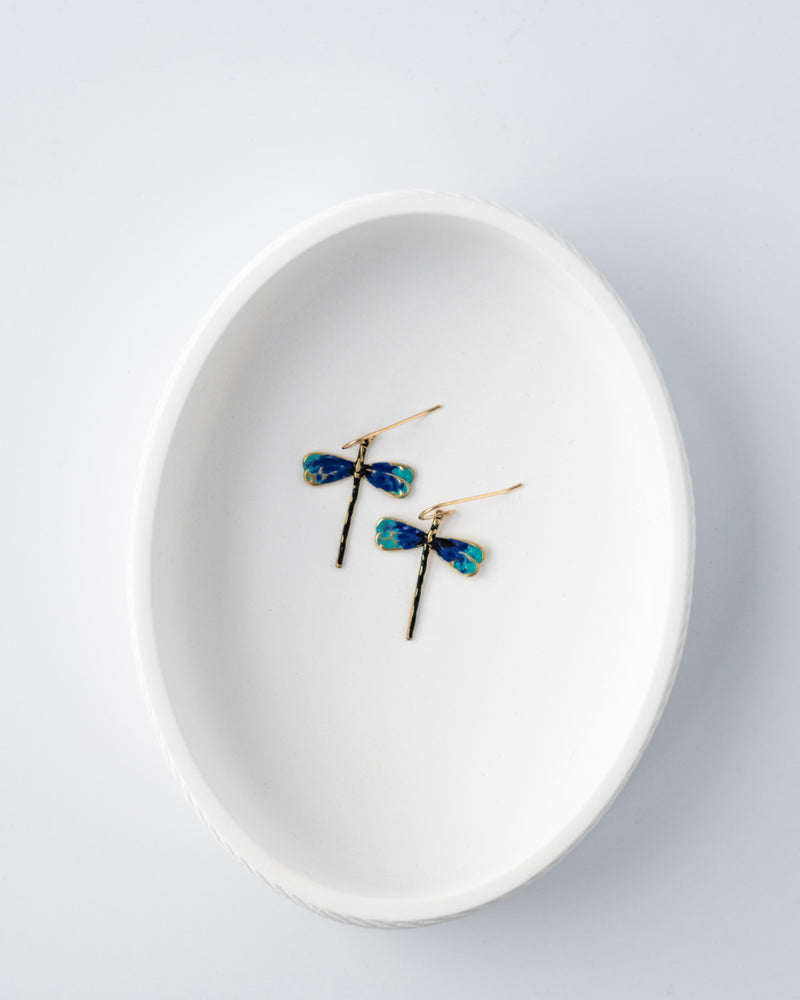 Hand patinaed brass dragonflies in shades of black and blues