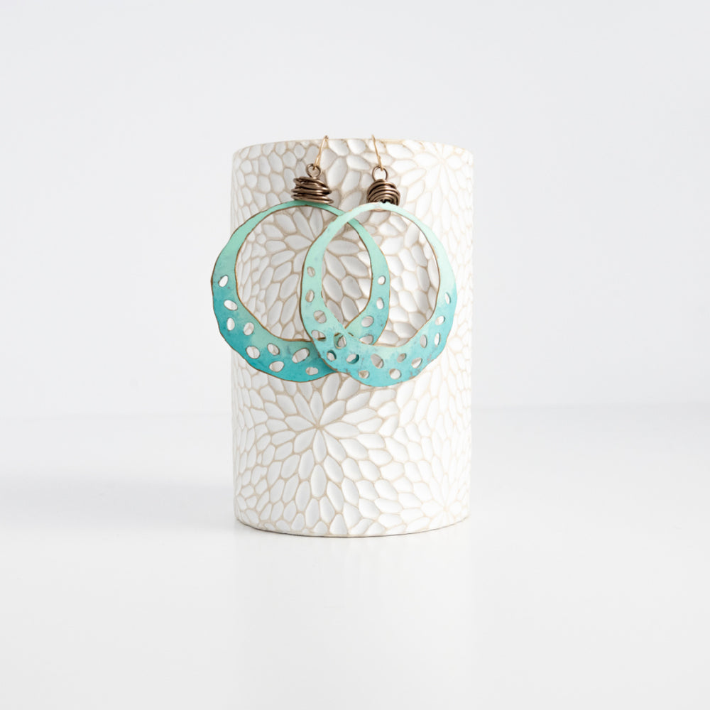 Large Patinaed Brass Hoops in Aqua Ombre