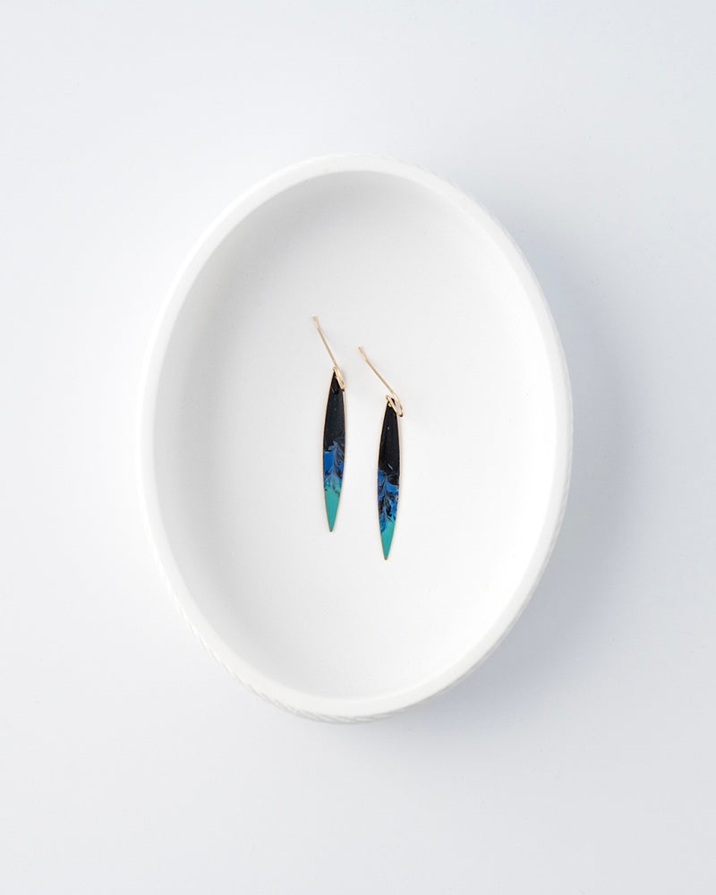Hand patinaed brass drops in black to shades to blue ombre