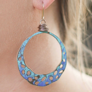 Large Patinaed Brass Hoops in Shades of Blue