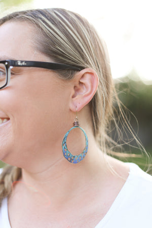 Large Patinaed Brass Hoops in Shades of Blue